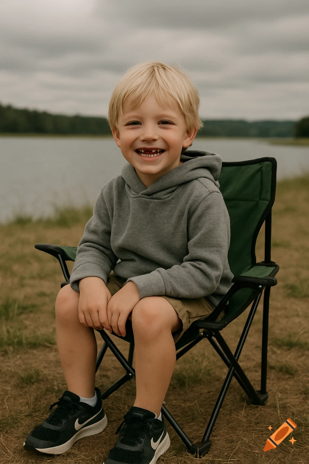A blonde boy with missing teeth smiles while sitting on a camping chair near a lake on a gloomy day.