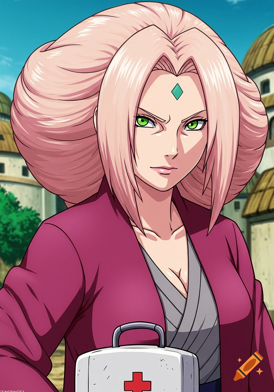 Anime illustration of Tsunade from Naruto holding a first aid kit.