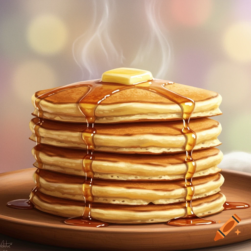 A stack of golden pancakes topped with butter and dripping with syrup, steaming on a plate.