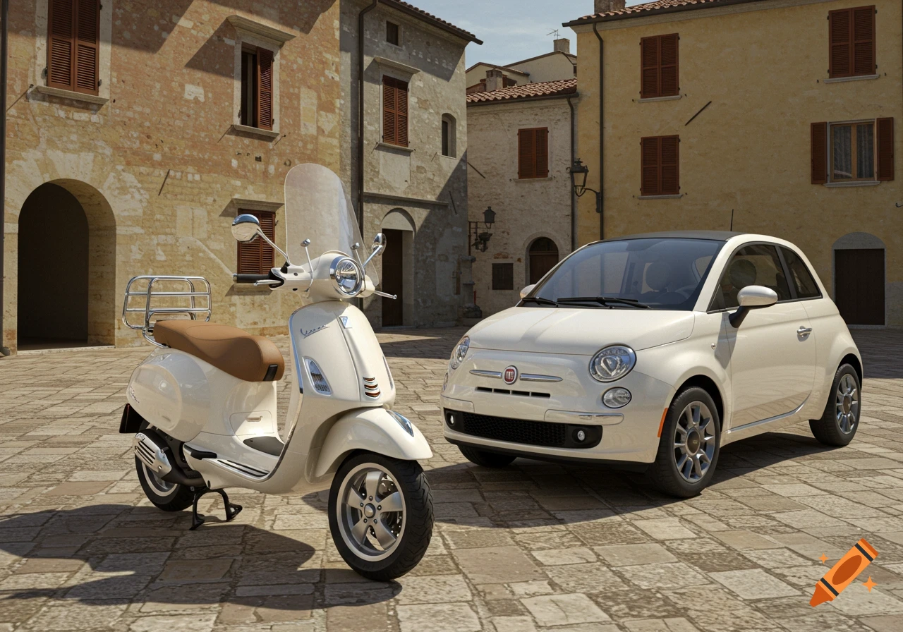 White Vespa scooter and white Fiat 500 car parked in an Italian village square, photorealistic.
