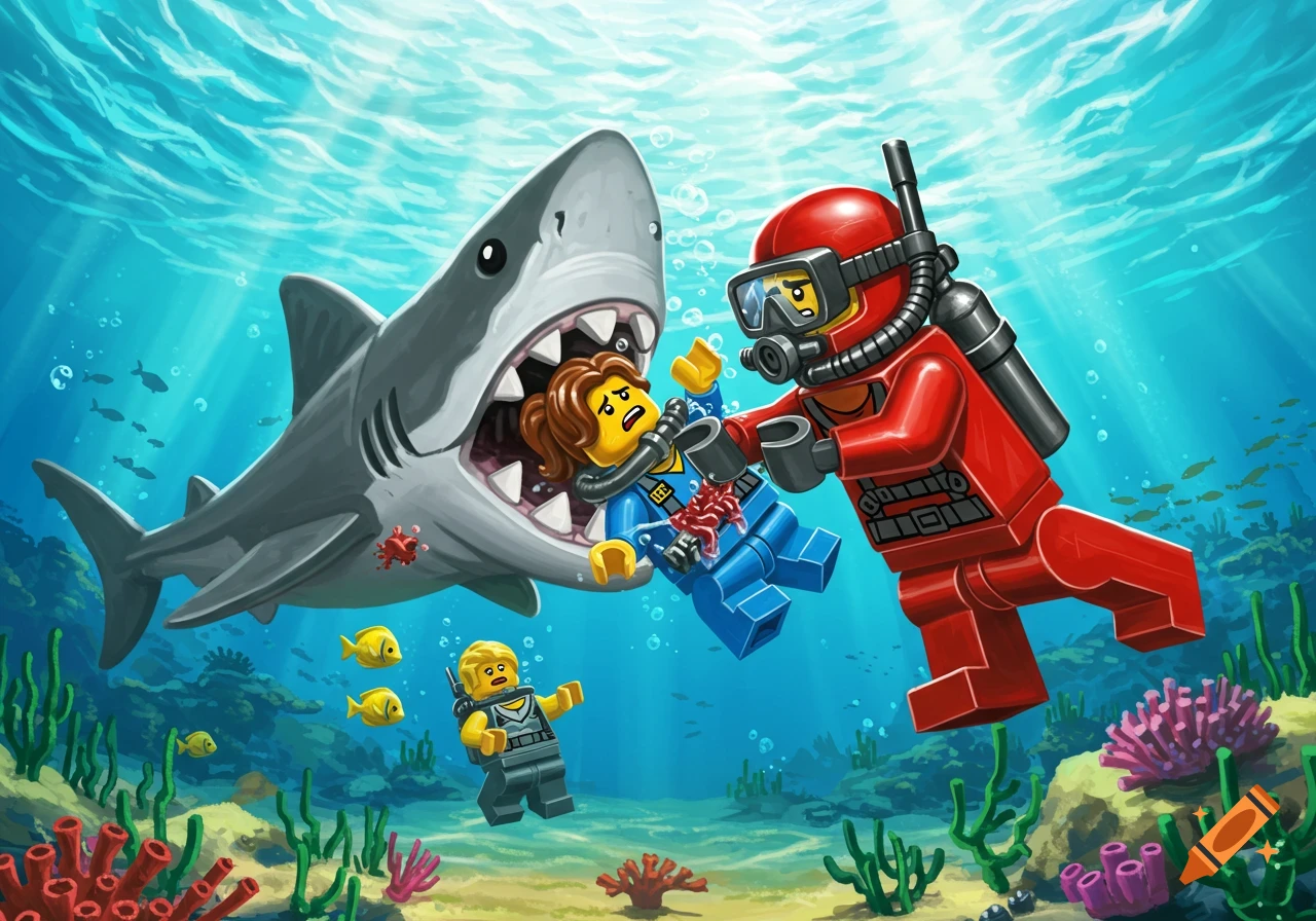 Illustration of red Lego diver fighting a shark biting a blue Lego diver underwater.