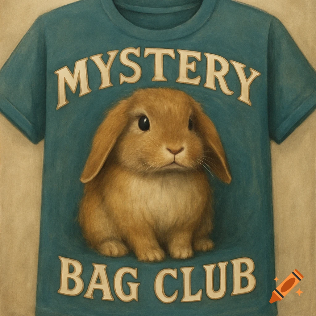 A lop-eared bunny on a teal t-shirt with the text 'MYSTERY BAG CLUB'. Painting style.