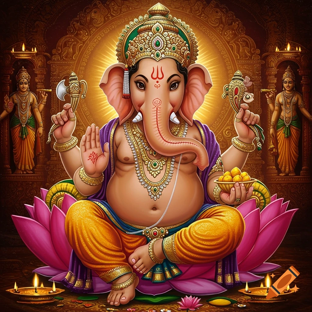 Lord Ganesha sitting on a lotus with offerings and statues in the background