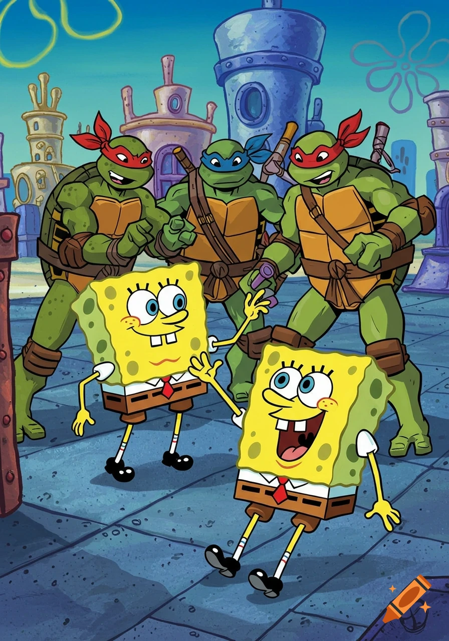 Teenage Mutant Ninja Turtles and Spongebob Squarepants characters pose in Bikini Bottom in a cartoon style.