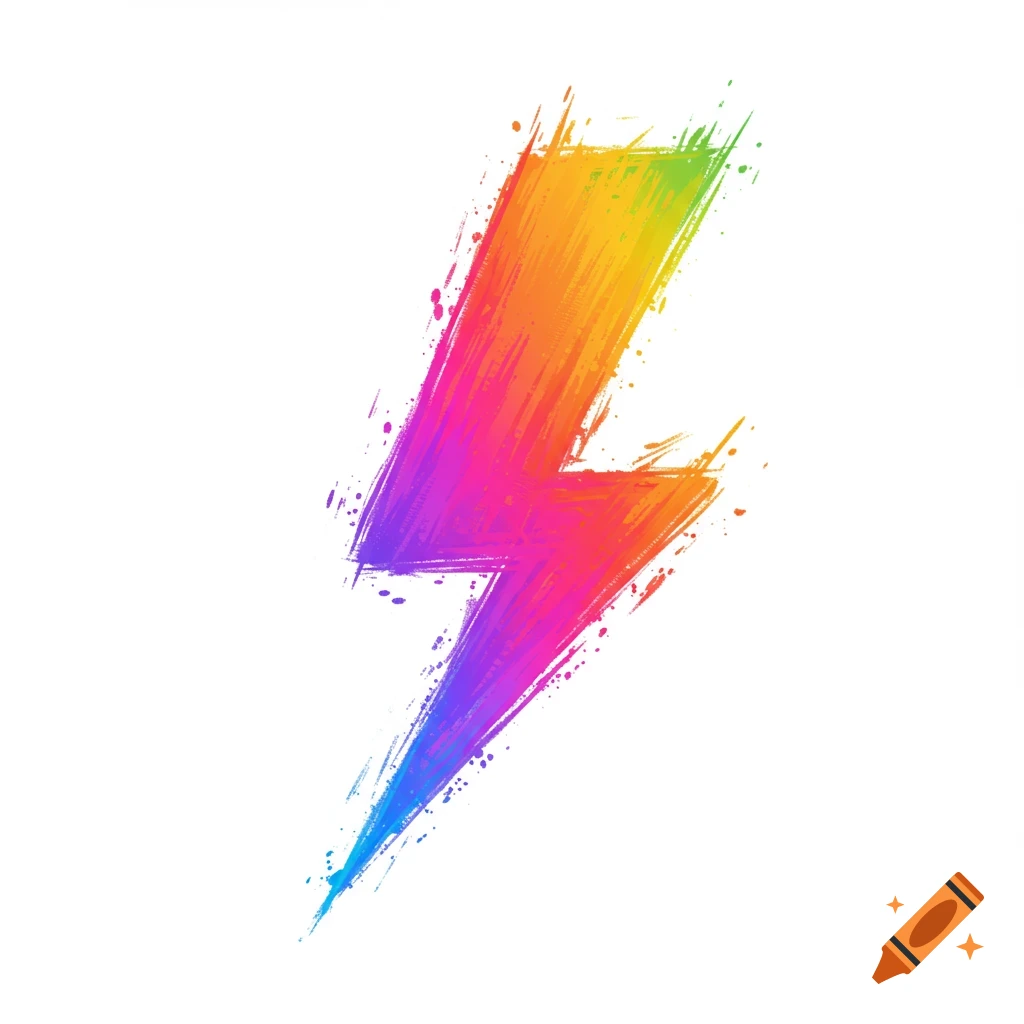 A colorful lightning bolt graphic with a rainbow gradient and paint splatters on a white background.