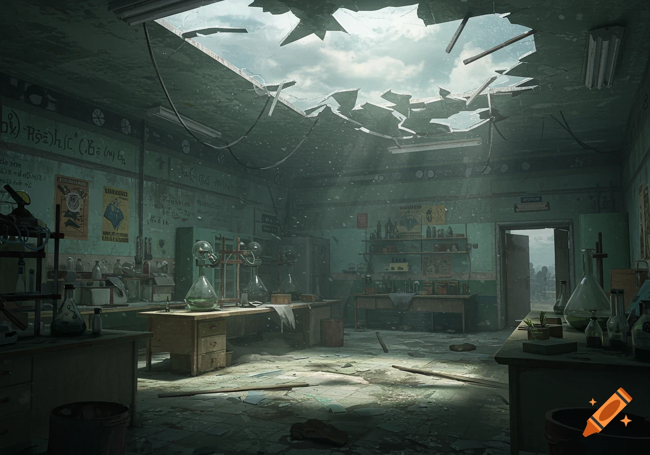 Abandoned science laboratory with broken ceiling, debris, glassware, flasks, and sunlight streaming in.