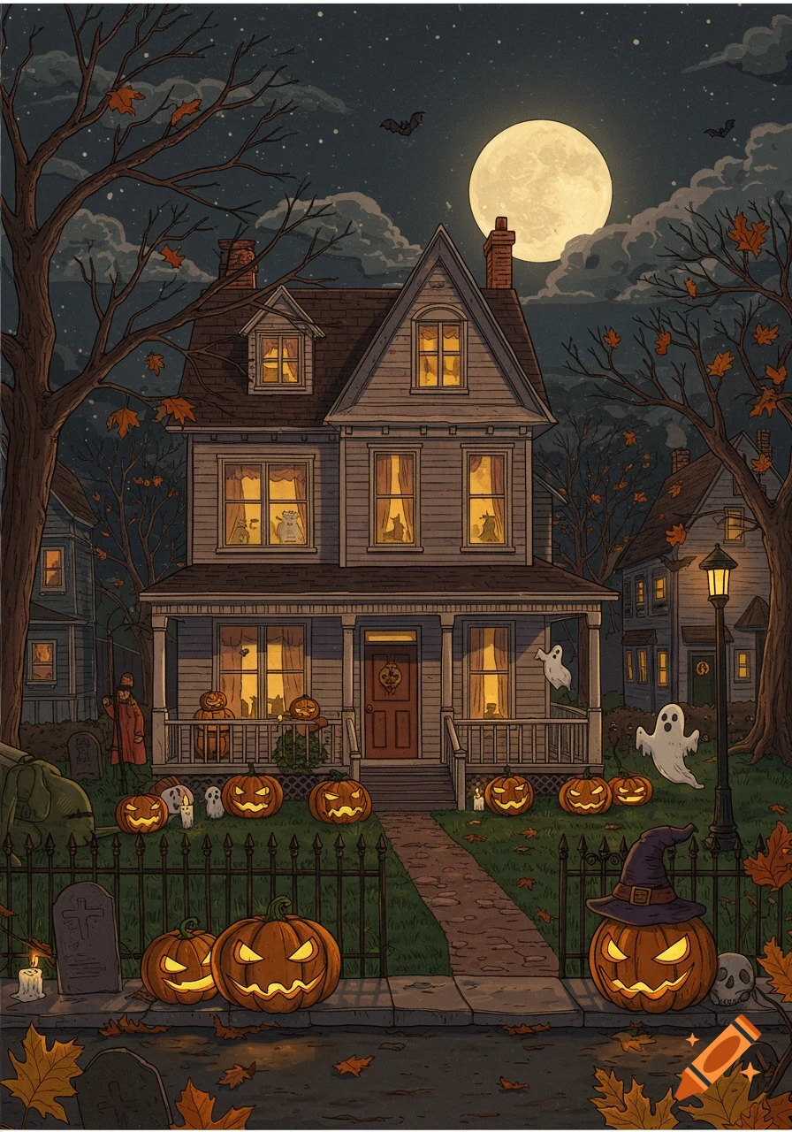 Nostalgic illustration of a Halloween house at night with pumpkins, ghosts, bats, and a full moon.