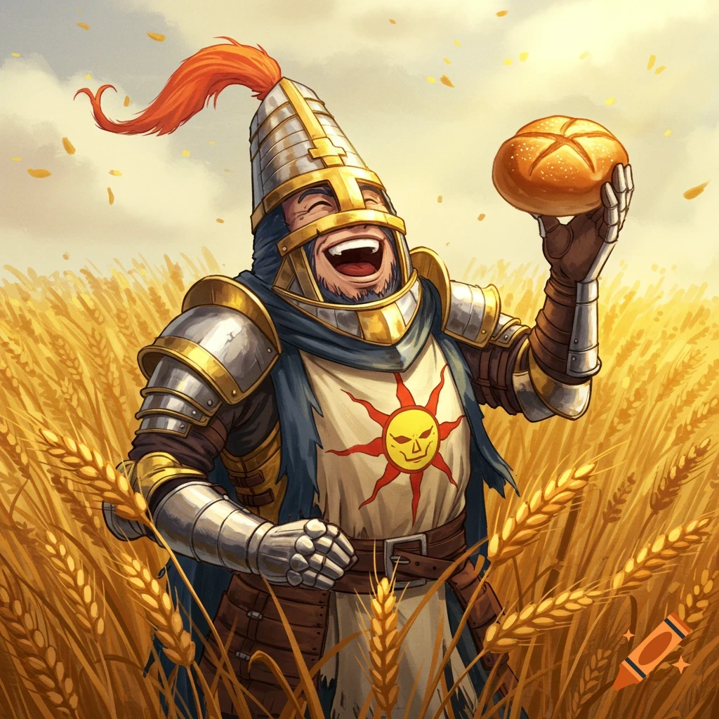 Solaire from Dark Souls joyfully holding a bread roll in a wheat field. Illustration style.