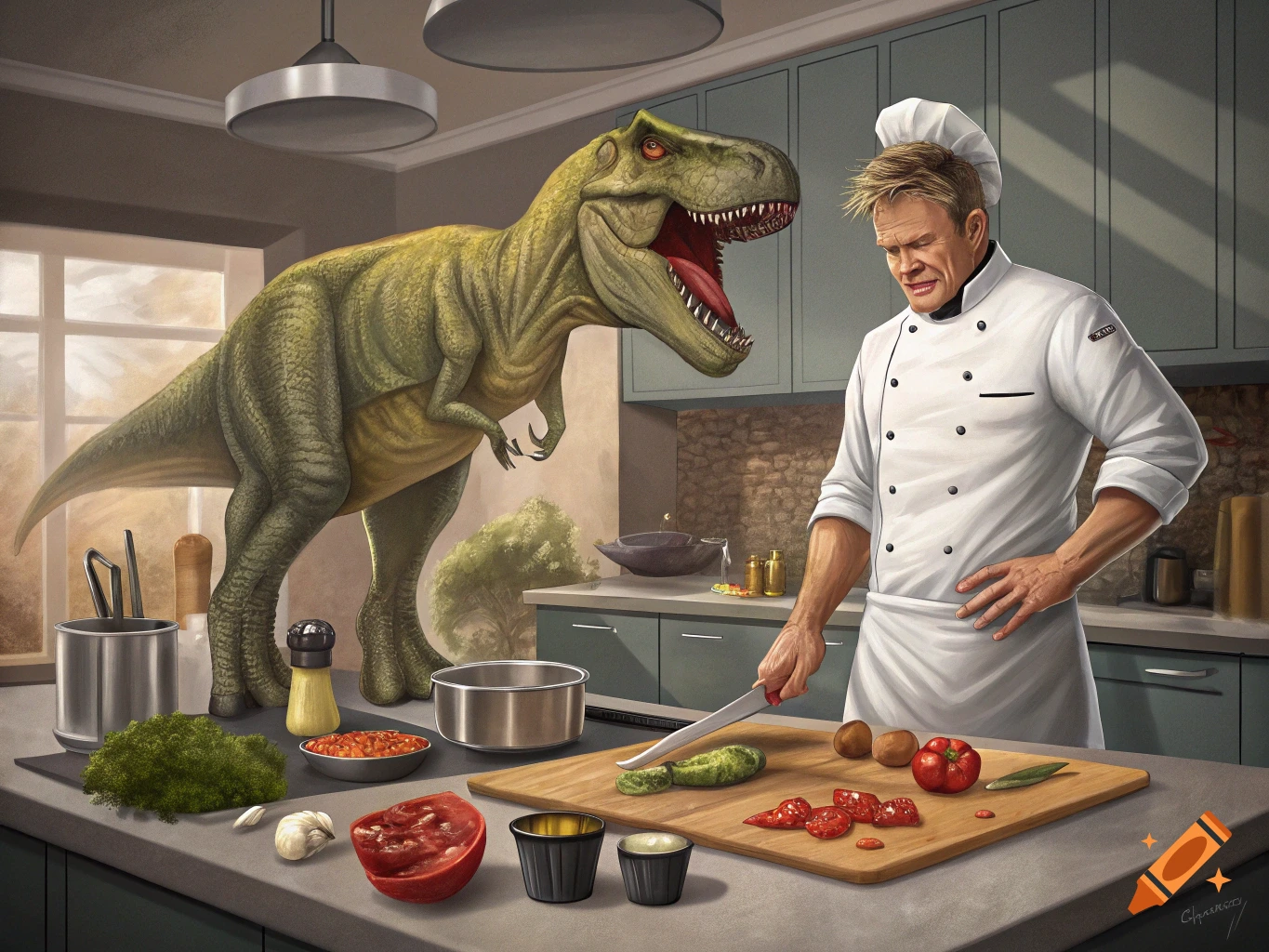 An illustration of a large T-Rex watching a chef chop vegetables in a kitchen.