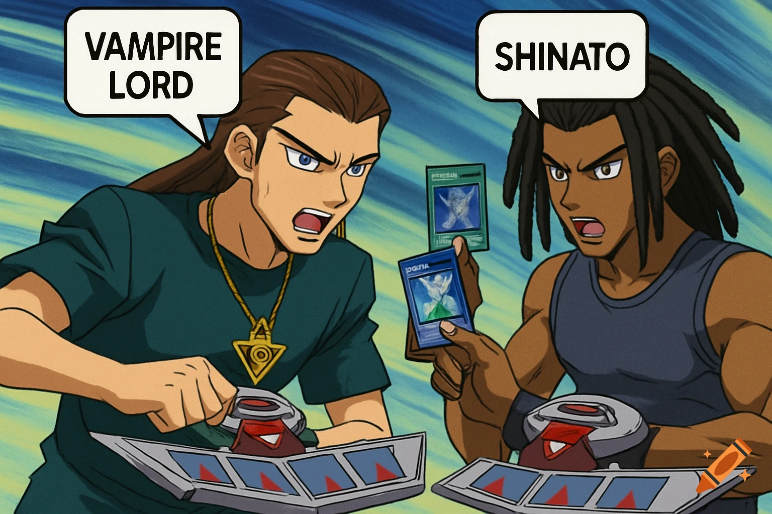 Anime style depiction of two characters dueling with cards and duel disks, one saying 'Vampire Lord', the other 'Shinato'.