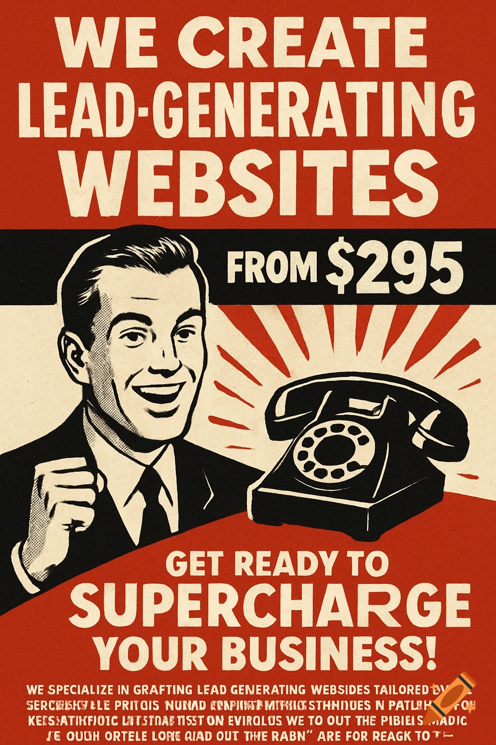 A retro 1950s style advertisement poster for lead-generating websites. It features a smiling man in a suit, a vintage rotary phone, and bold text.