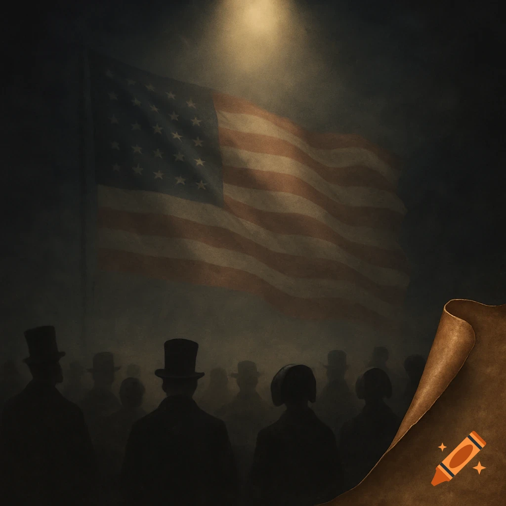 Silhouettes of a crowd look towards a large, faintly lit American flag under a spotlight, with a parchment corner.