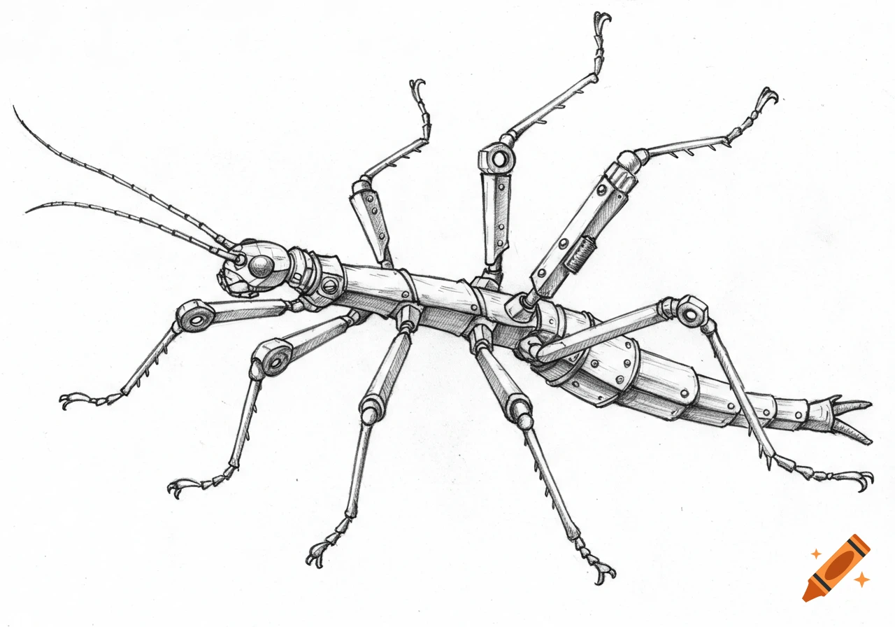 A mechanical stick insect in a pencil drawing style.