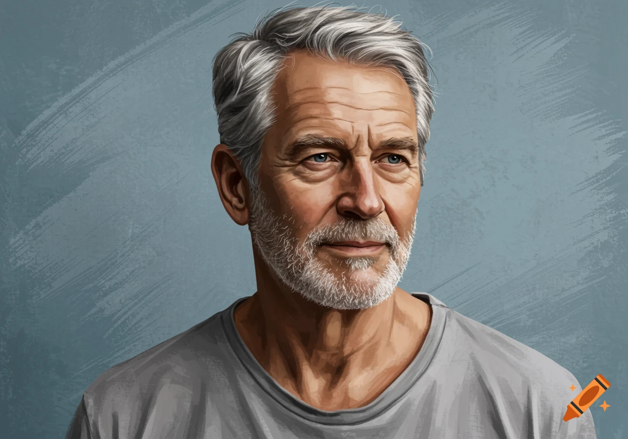Digital painting portrait of a gray-haired older man looking slightly ...