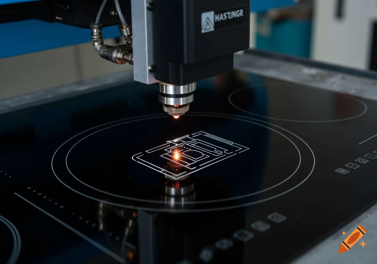 A laser engraver etches a pattern onto a black induction cooktop surface.