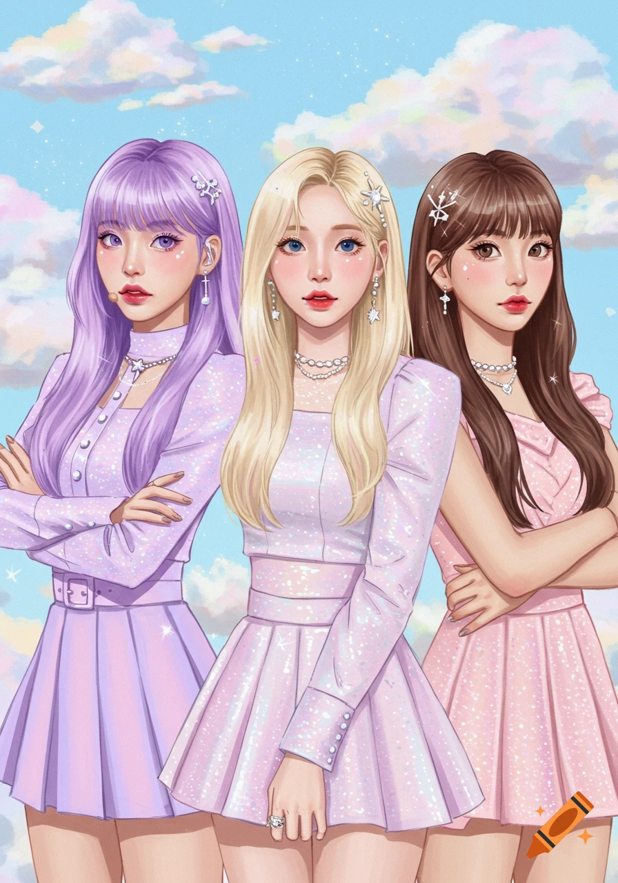 Illustration of three stylized girls with purple, blonde, and brown hair wearing sparkly pastel dresses.