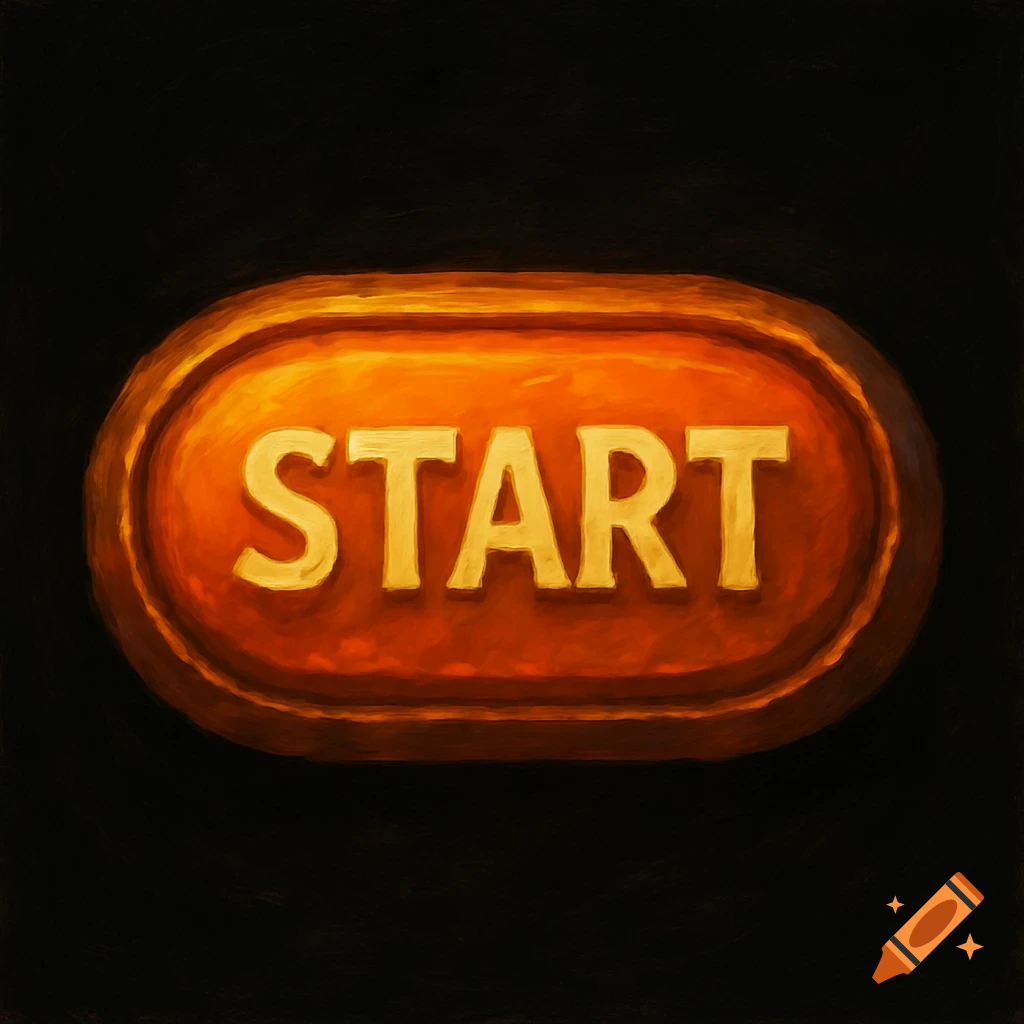 Orange button with "START" text on a black background, painted style.
