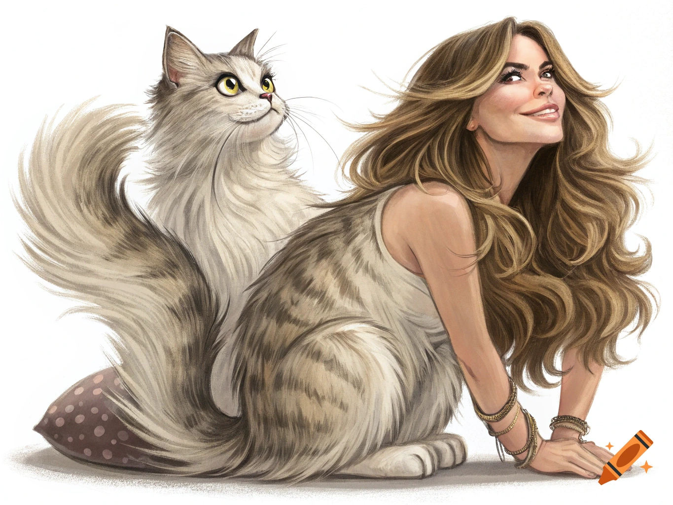 Stylized illustration of a woman with cat features sitting next to a cat.