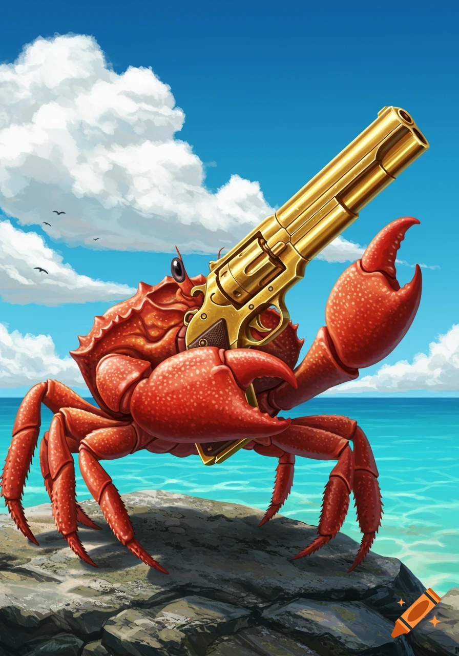 A large red crab stands on a rock by the ocean under a cloudy sky, holding a golden revolver in its claw. Stylized illustration.