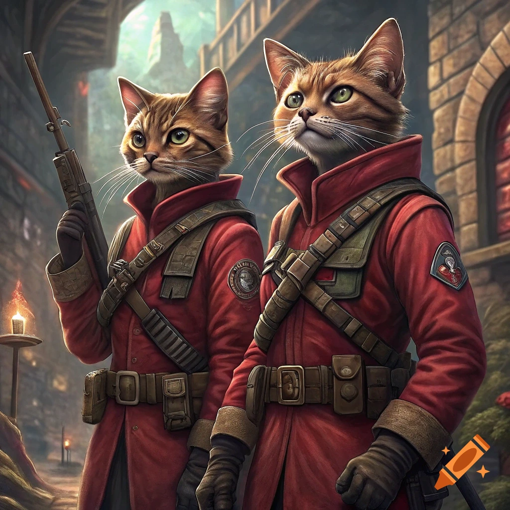 Two anthropomorphic cats in red uniforms, one holding a rifle, stand in a cobbled street with archways.