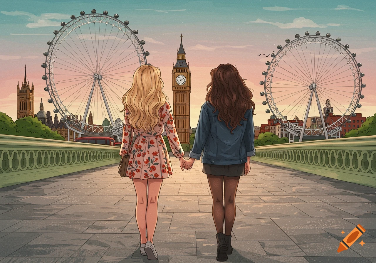 Illustration of two women holding hands and walking towards Big Ben and the London Eye on a bridge.