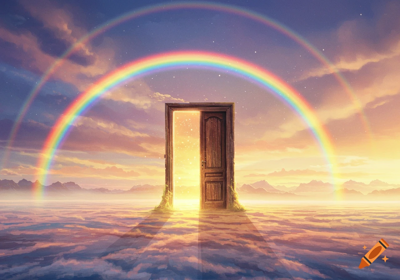 A surreal landscape with a wooden door standing in clouds under a double rainbow, illuminated by bright light from within the door.