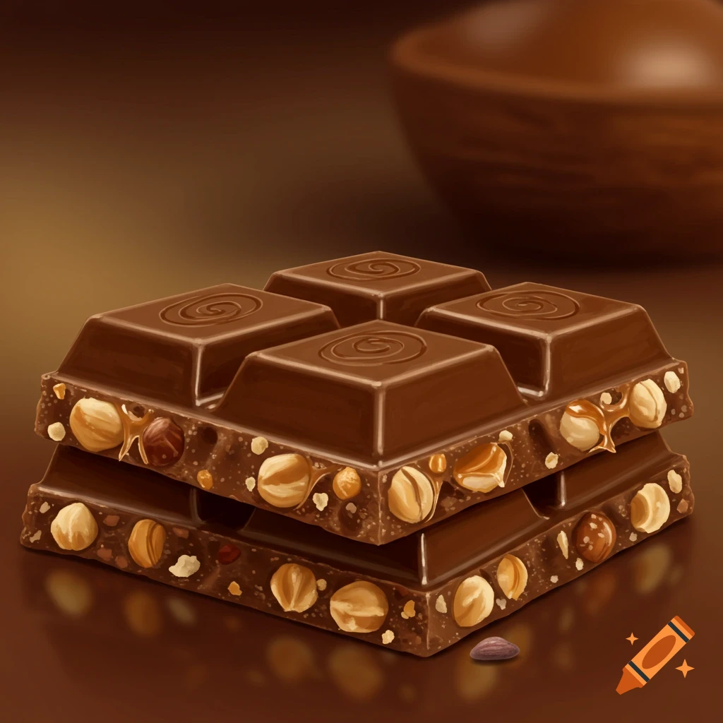 Two pieces of chunky chocolate with nuts and caramel stacked on a dark background.