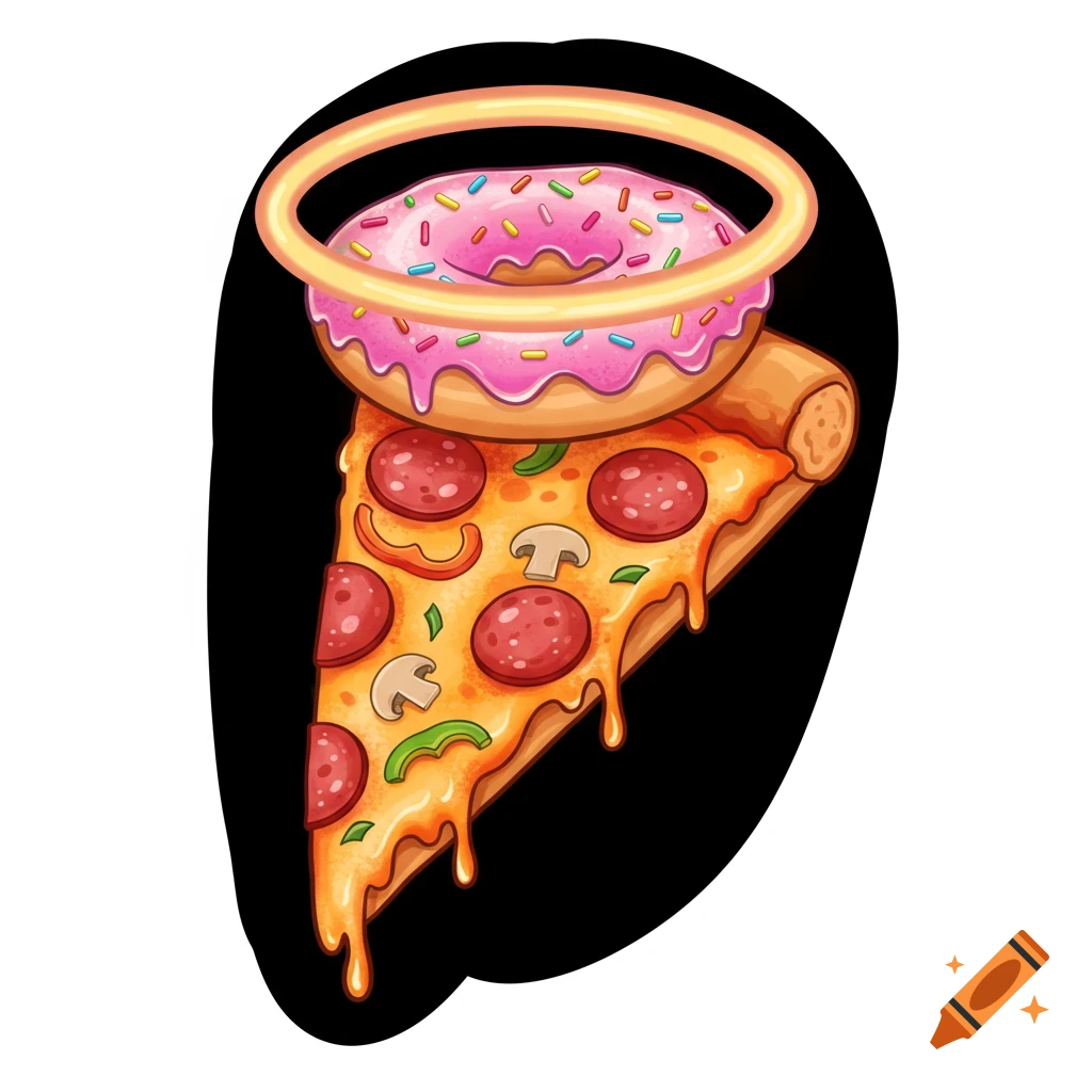 Cartoon illustration of a pizza slice dripping cheese with a pink donut and glowing halo above it.