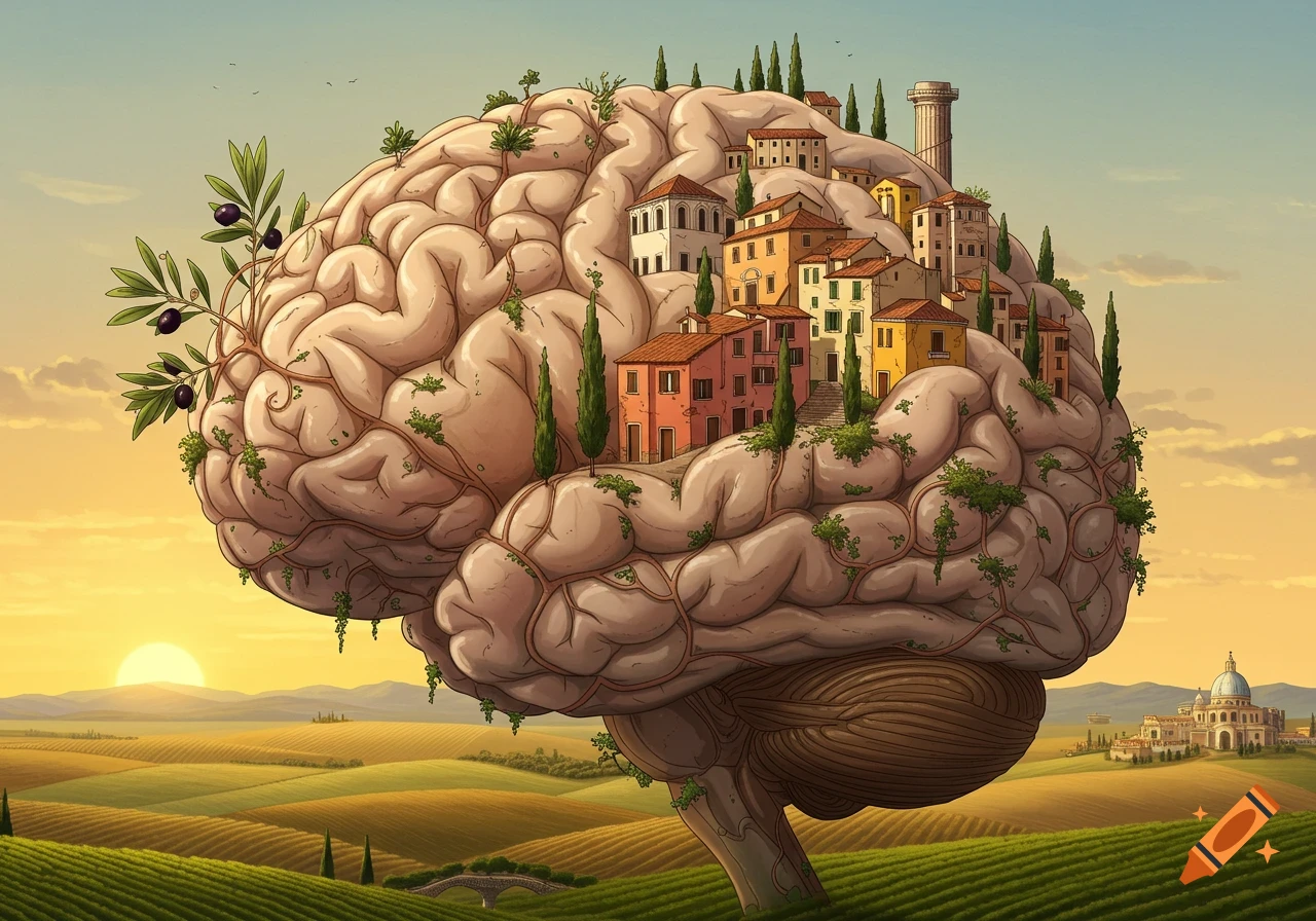 Surreal illustration of a human brain with an Italian town on its folds, set in a Tuscan landscape at sunset.