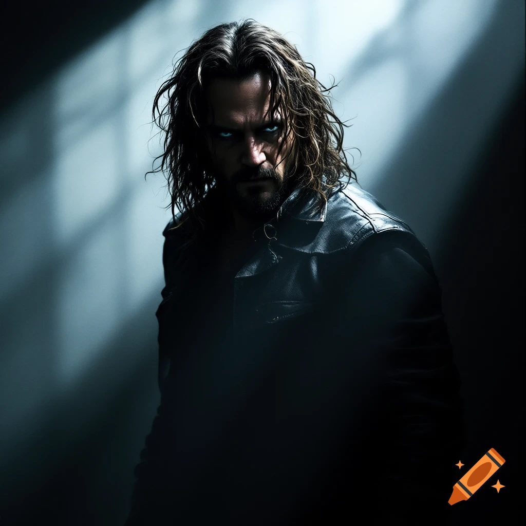 Dramatic portrait of a man with blue eyes and long dark hair, wearing a leather jacket and lit from the side in shadow.