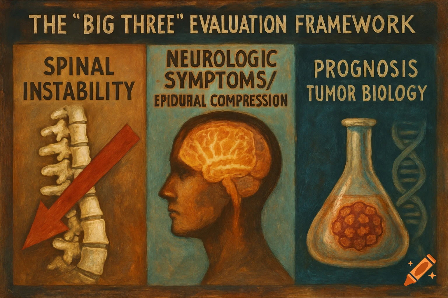 Illustration showing a medical framework triptych: spine instability, neurologic symptoms, and tumor biology.