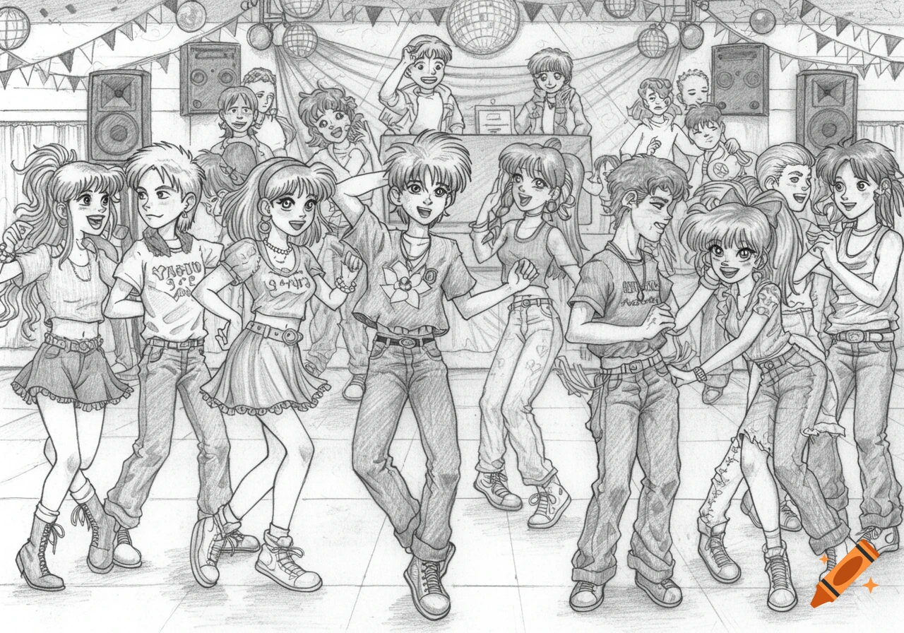 Black and white anime-style pencil drawing of a group of teenagers dancing at a school dance with disco balls and decorations.
