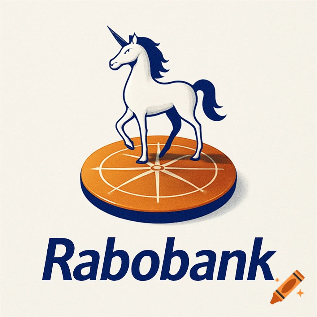 A white unicorn with dark blue mane stands on an orange disc above the word "Rabobank".