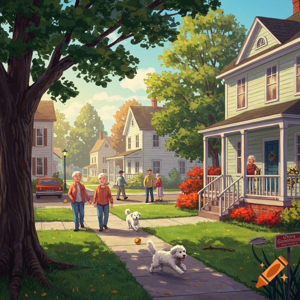 Illustration of people walking dogs on a sidewalk in a suburban neighborhood