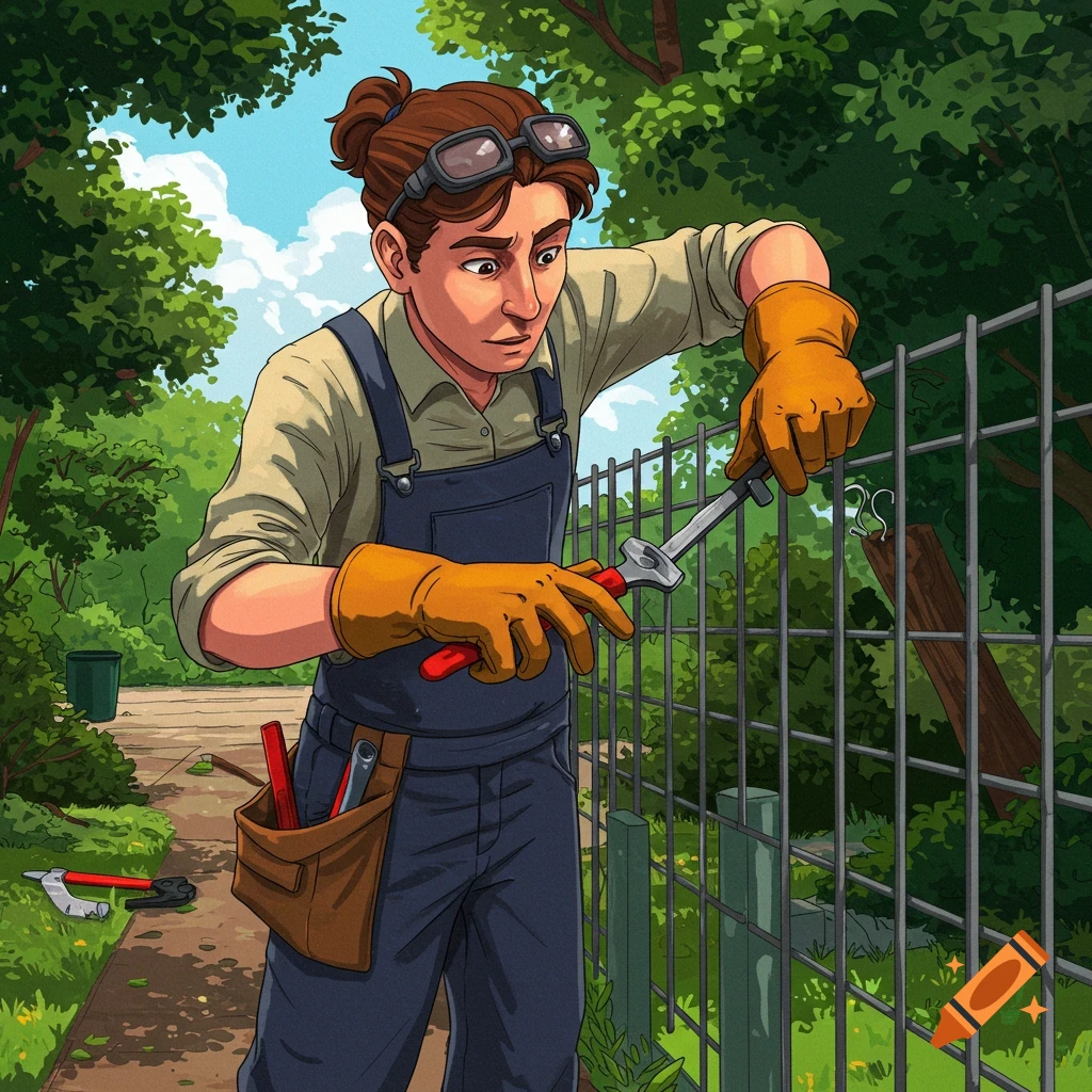 Illustration of a person repairing a fence in a park.