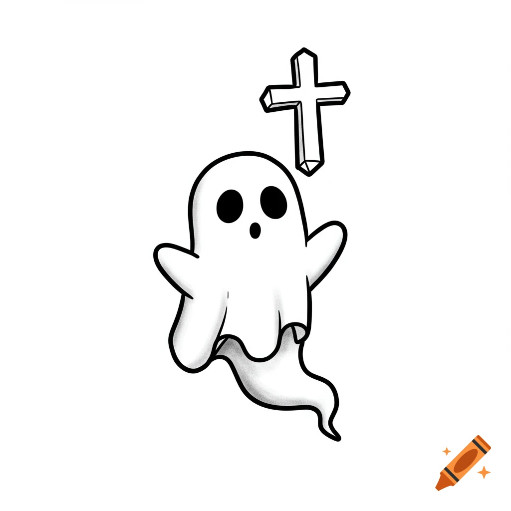 A simple black and white drawing of a cute ghost levitating a cross.