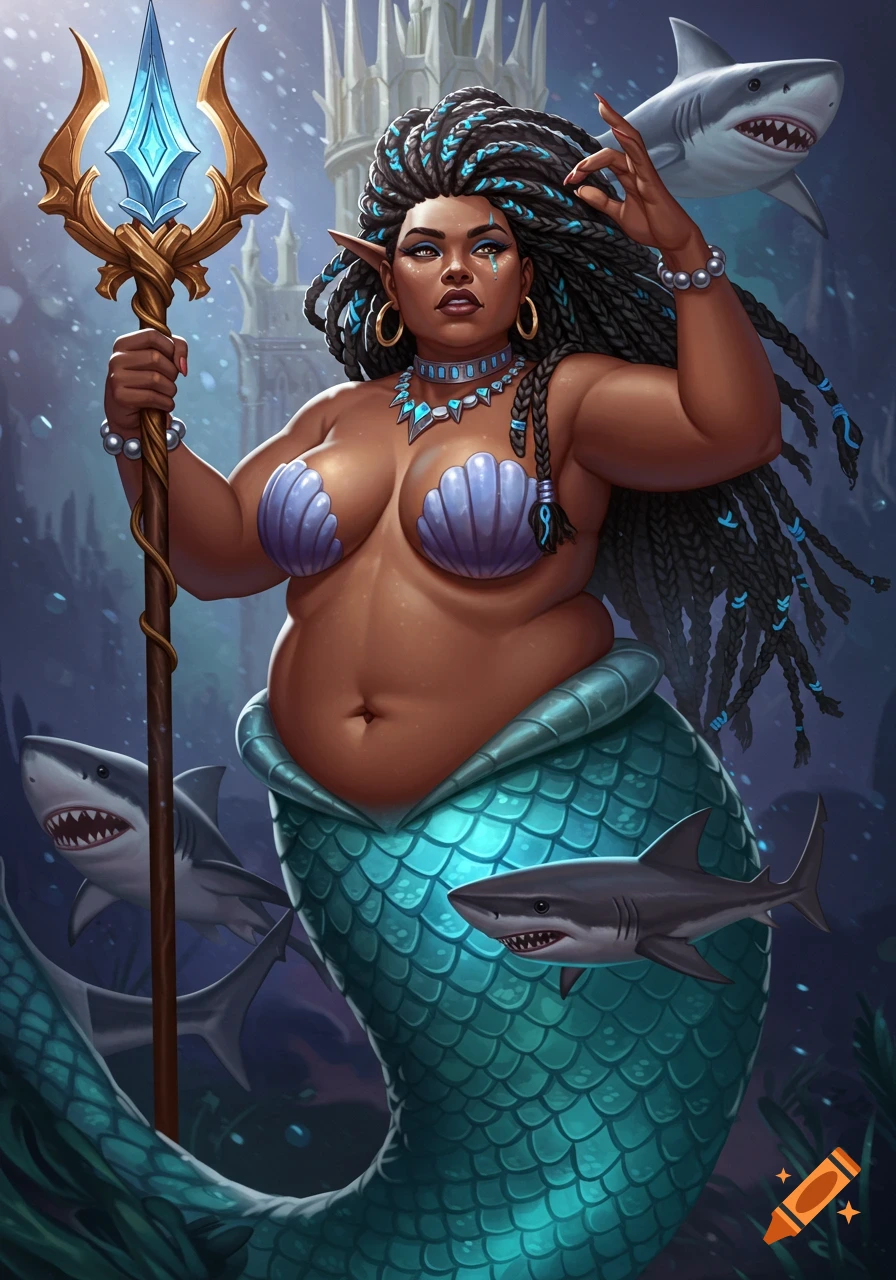 Fantasy illustration of a dark-skinned mermaid with braids and a trident, surrounded by sharks underwater.