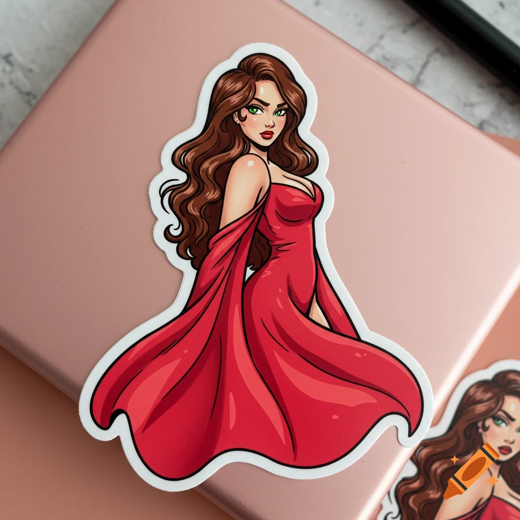 Sticker of a cartoon woman in a red dress with flowing sleeves, green eyes, and brown hair.
