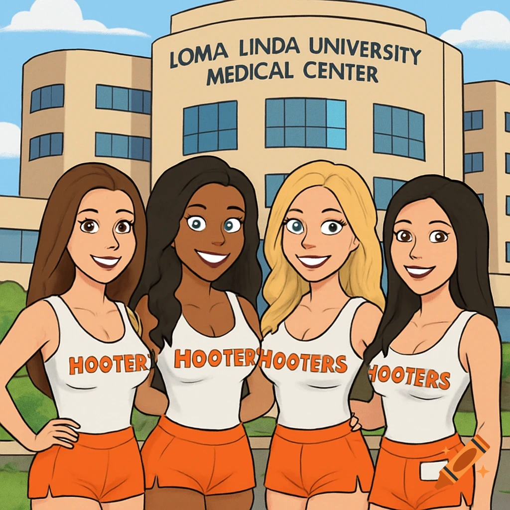 Cartoon of four women in Hooters outfits posing in front of Loma Linda University Medical Center.