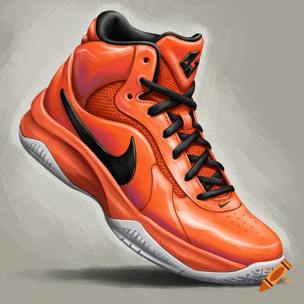 Digital painting of an orange high-top basketball shoe on a gray background.