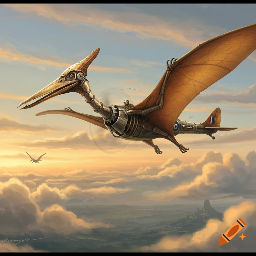 Steampunk pterodactyl airplane flying through clouds at sunset.