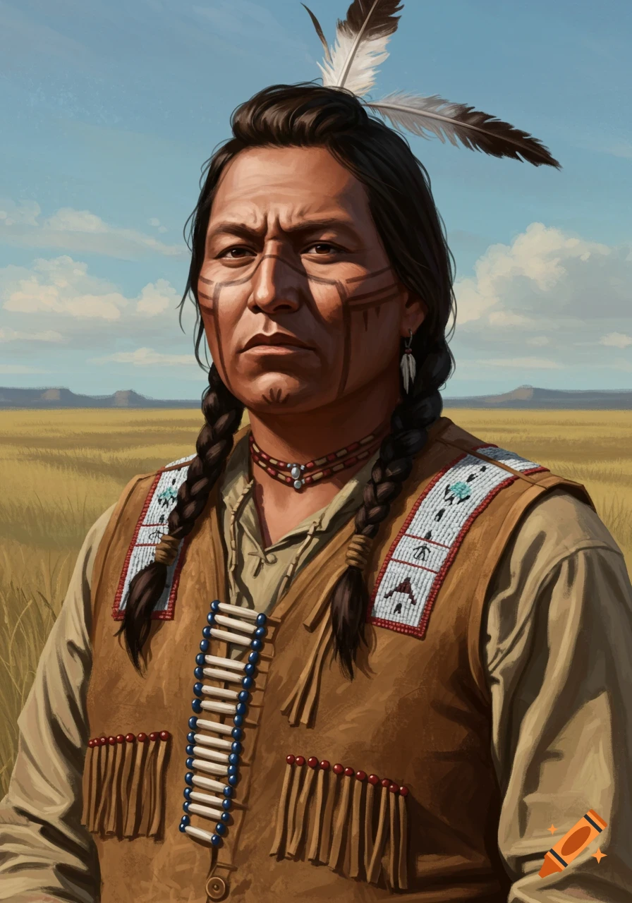 Portrait of a Native American man in traditional clothing, facial markings, and braids standing in a field