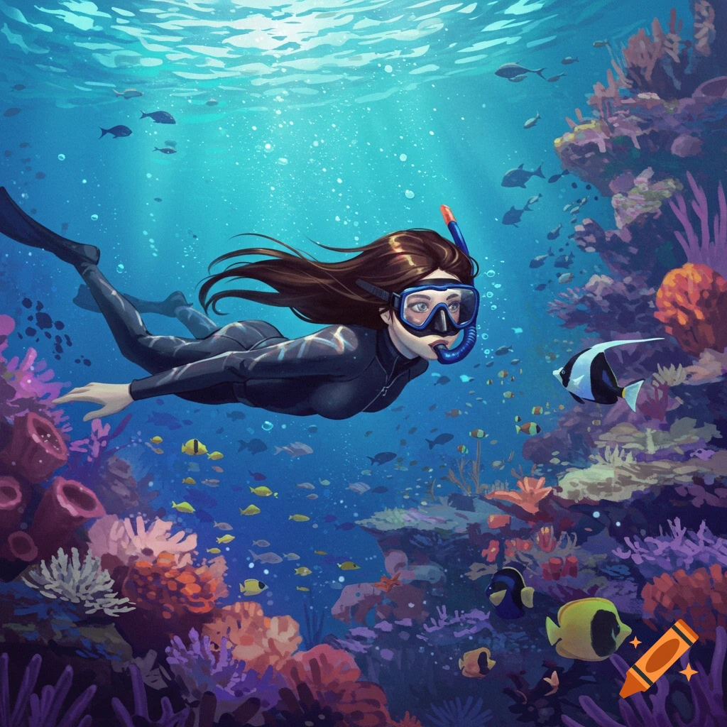 Illustration of a person snorkeling over a vibrant coral reef with fish.