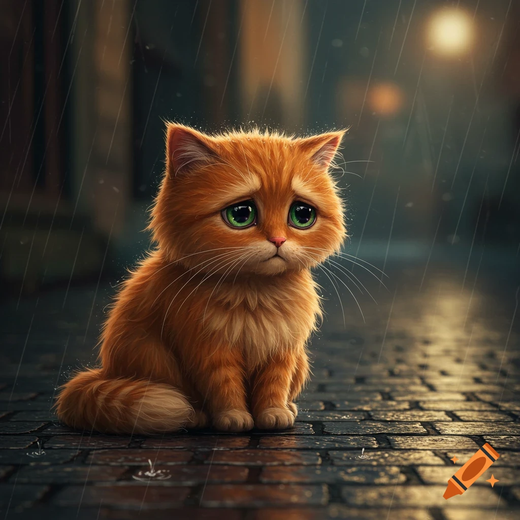 A cute, sad orange cat sits alone on a wet street in the rain.