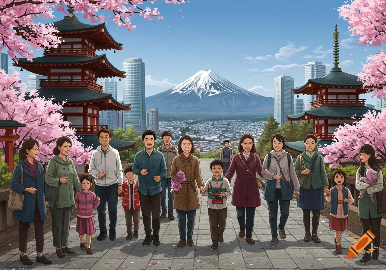 Illustrated scene of diverse people walking in a Japanese city with cherry blossoms, temples, skyscrapers, and Mount Fuji.