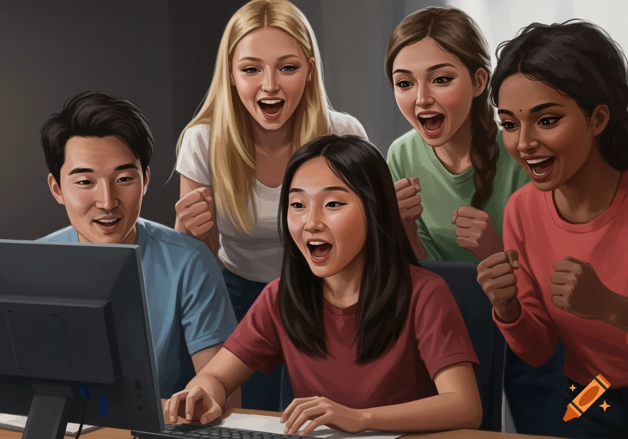 Diverse young team cheers excitedly at a computer screen. Digital illustration style.