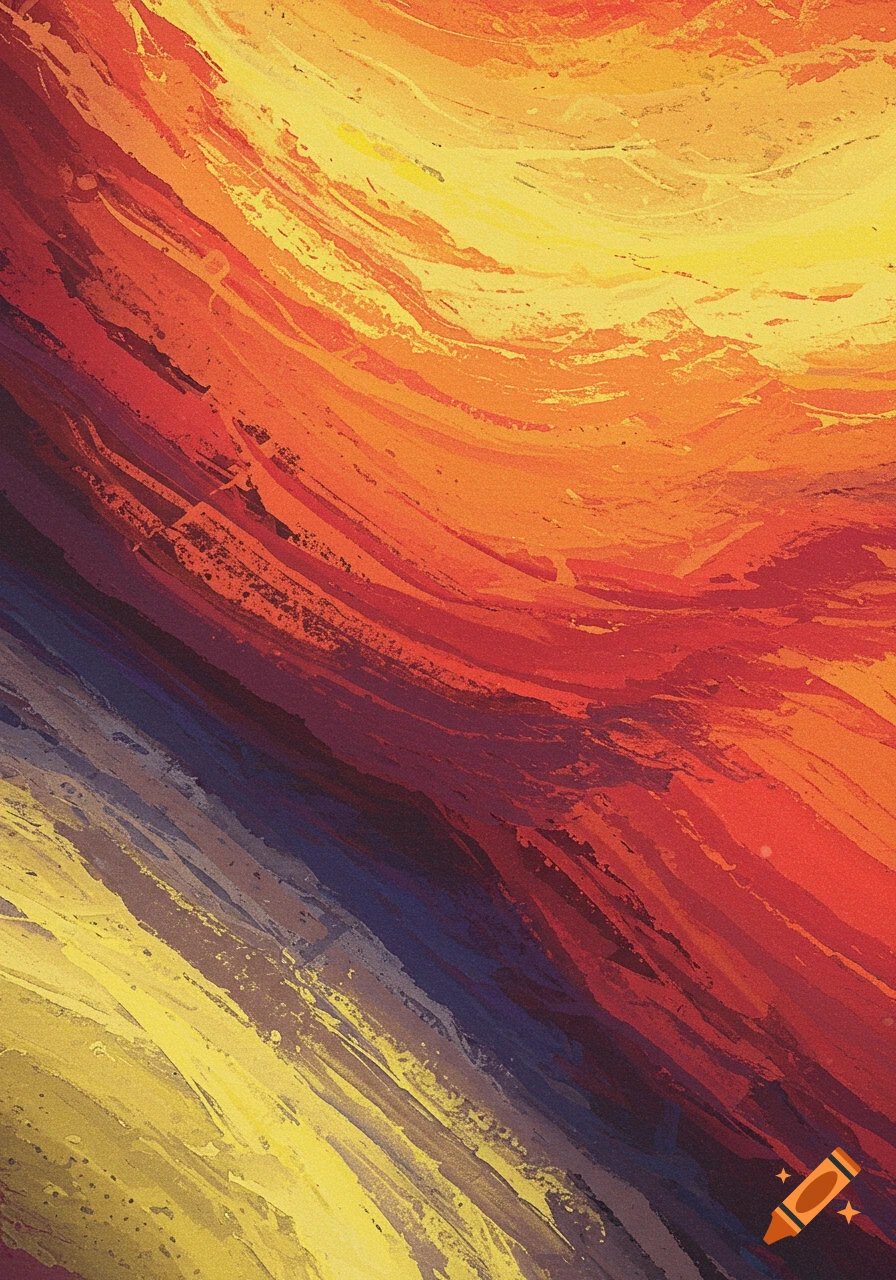 Abstract painting with diagonal brushstrokes in warm colors transitioning from yellow, orange, red to purple and blue.