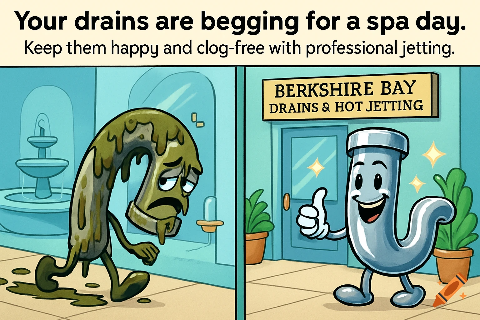 Cartoon image showing a sad, dirty pipe entering a spa on the left and a happy, clean pipe leaving on the right. Text: Your drains are begging for a spa day. Keep them happy and clog-free with professional jetting. Sign: Berkshire Bay Drains & Hot Jetting.