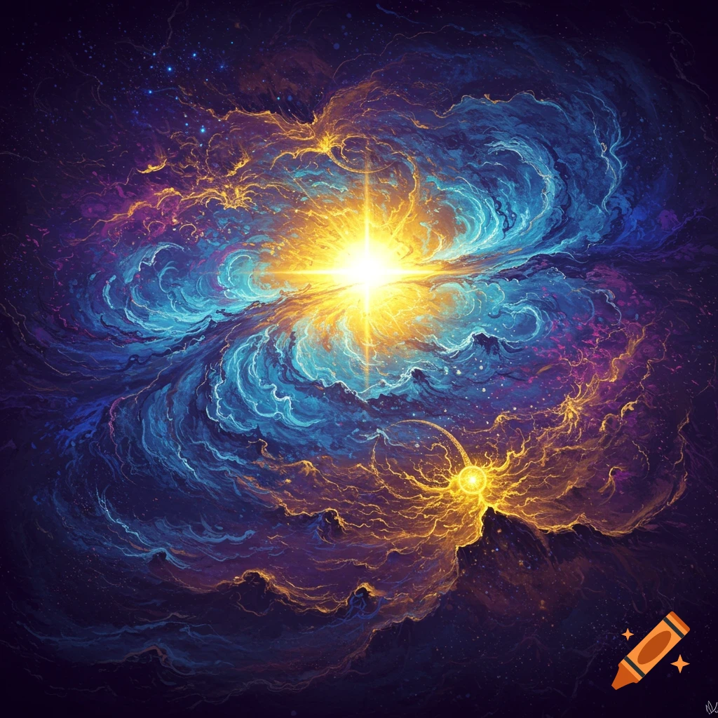 Abstract cosmic nebula with swirling blue and gold clouds and a bright central light.