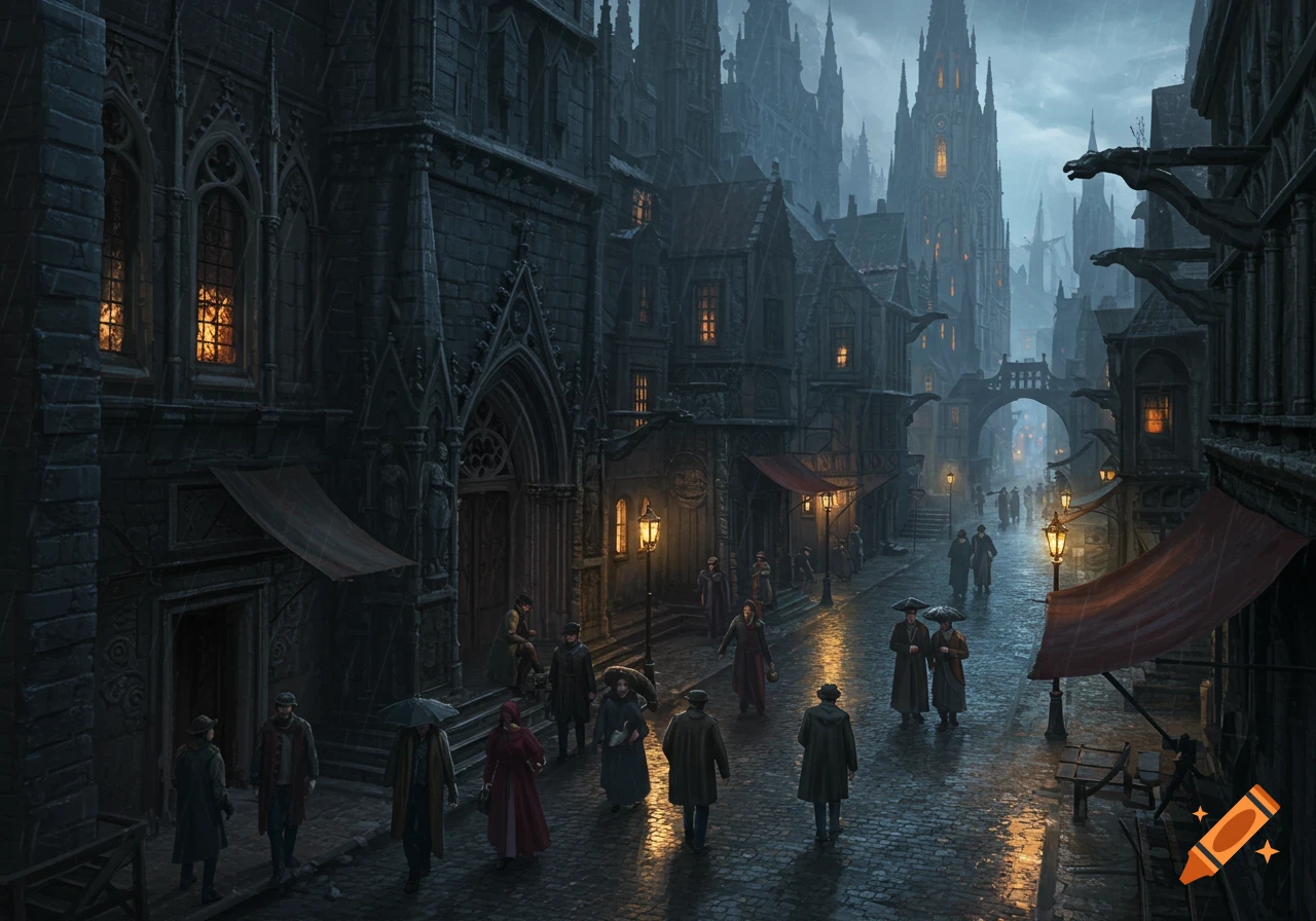 Gothic city street in the rain with figures walking.